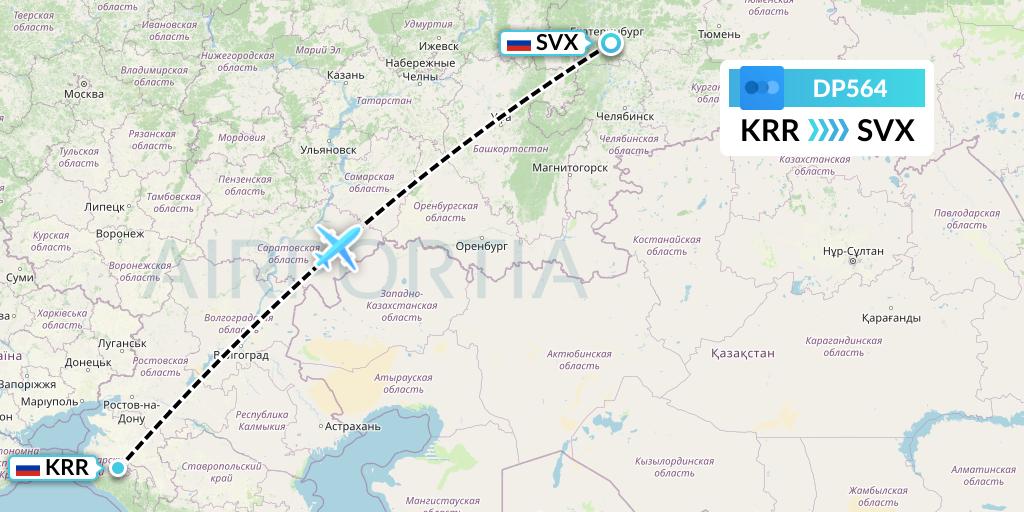 DP564 Pobeda Flight Map: Krasnodar to Yekaterinburg