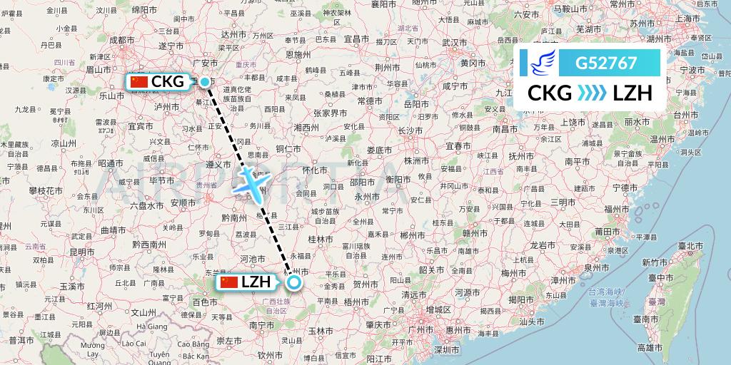 G52767 China Express Airlines Flight Map: Chongqing to Liuzhou