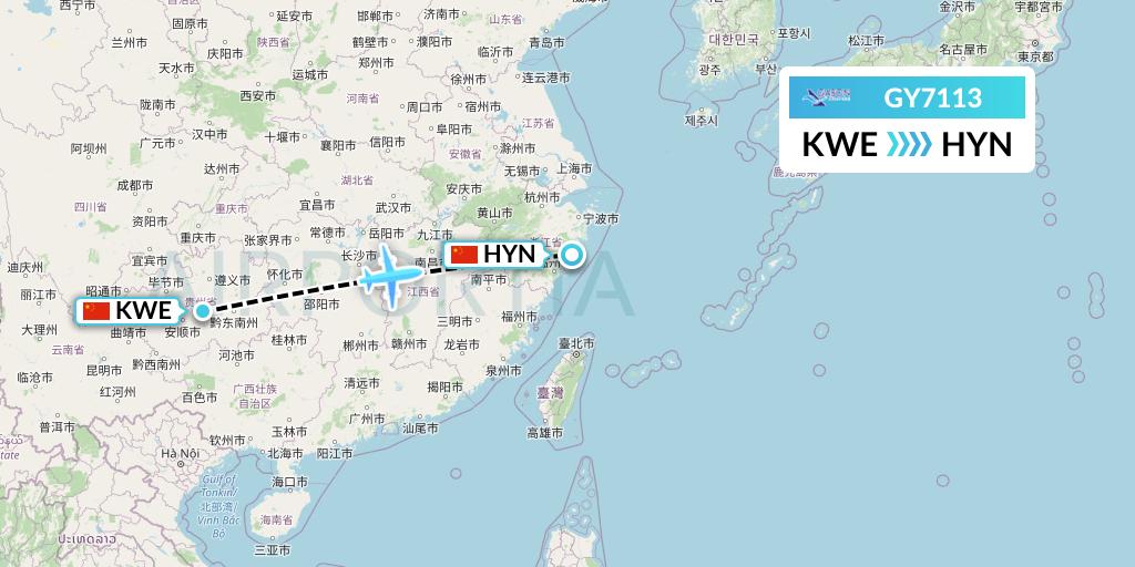 GY7113 Colorful GuiZhou Airlines Flight Map: Guiyang to Huangyan
