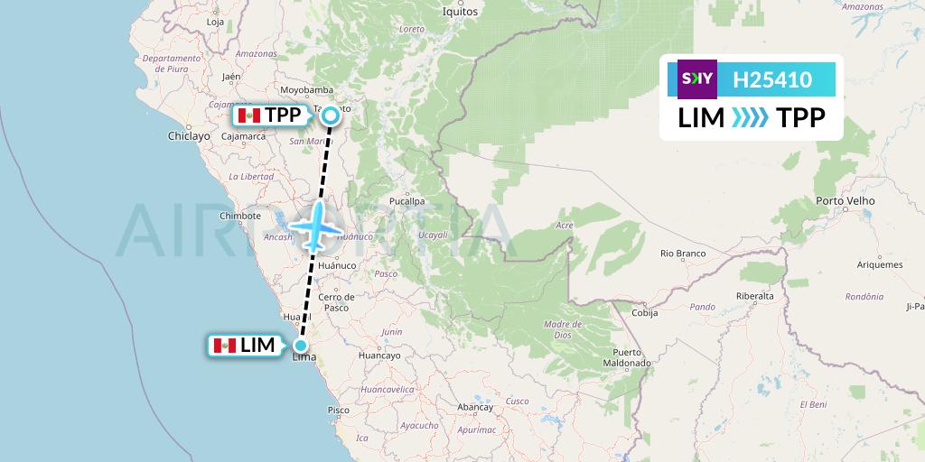 H25410 Sky Airline Flight Map: Lima to Tarapoto