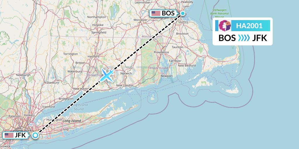 HA2001 Hawaiian Airlines Flight Map: Boston to New York