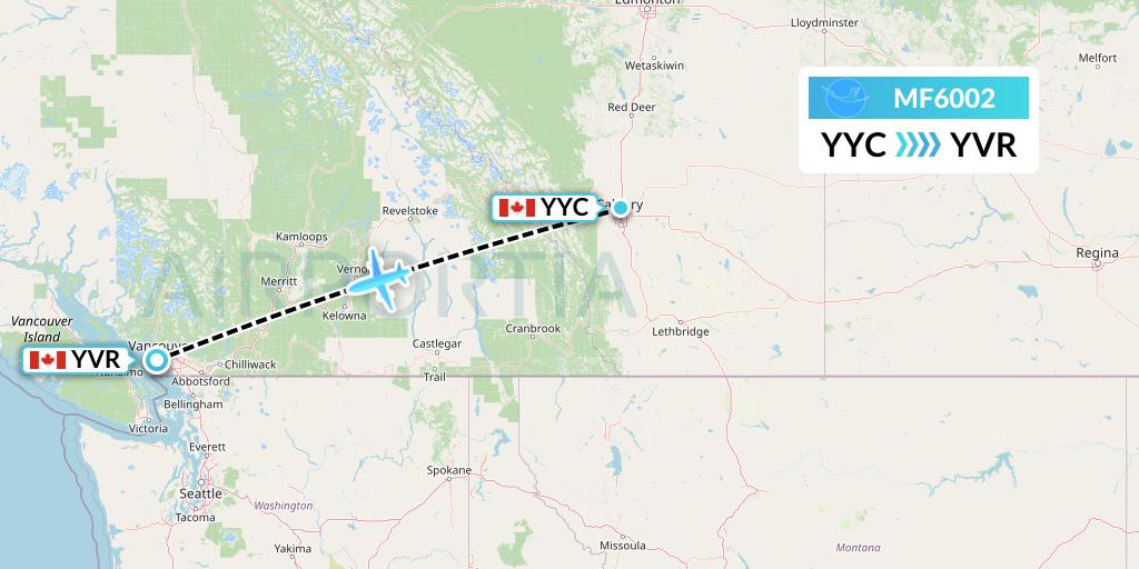 MF6002 Xiamen Airlines Flight Map: Calgary to Vancouver