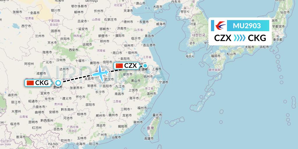 MU2903 China Eastern Airlines Flight Map: Changzhou to Chongqing