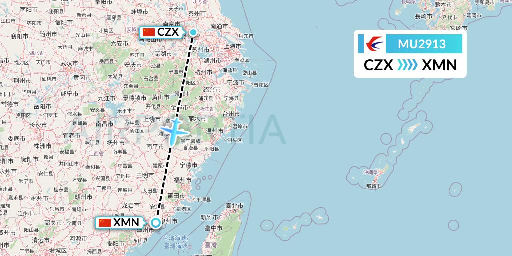 MU2913 China Eastern Airlines Flight Map: Changzhou to Xiamen