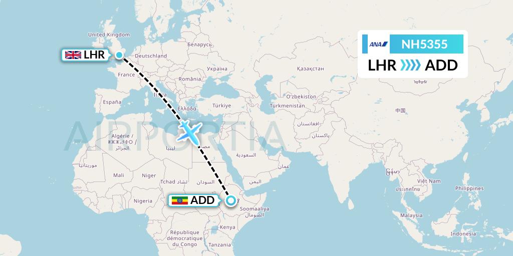 NH5355 All Nippon Airways Flight Map: London to Addis Ababa