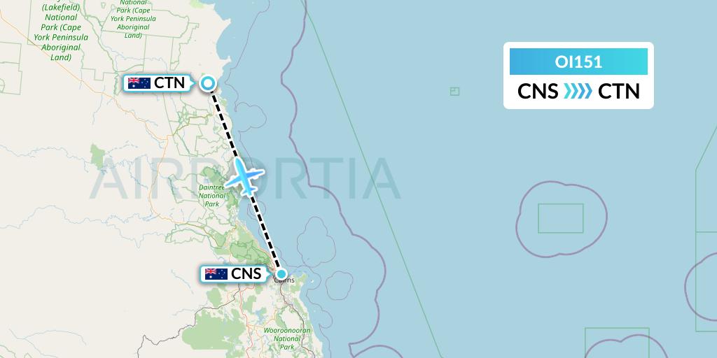 OI151 Hinterland Aviation Flight Map: Cairns to Cooktown