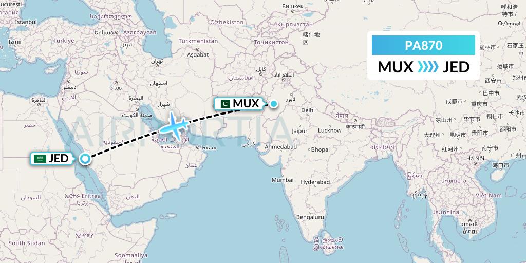 PA870 AirBlue Flight Map: Multan to Jeddah
