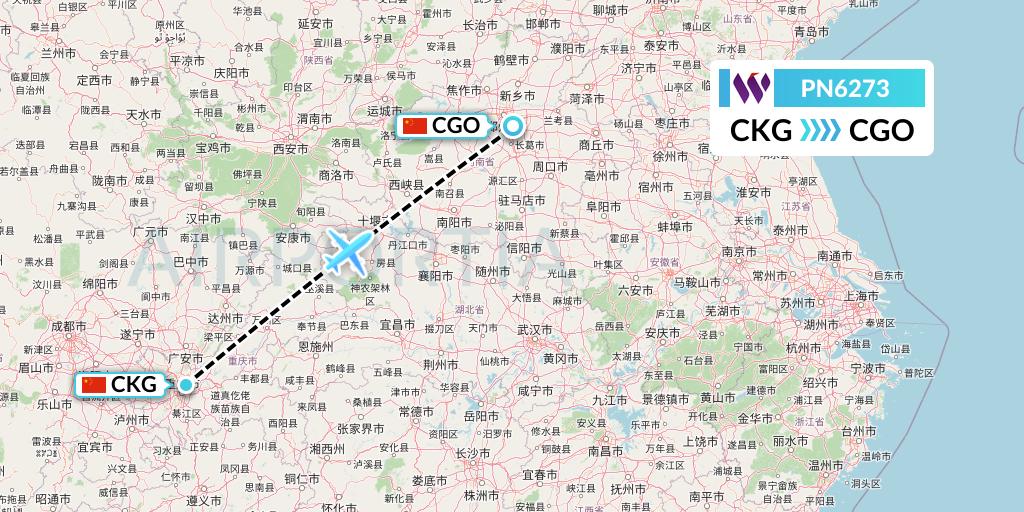 PN6273 China West Air Flight Map: Chongqing to Zhengzhou