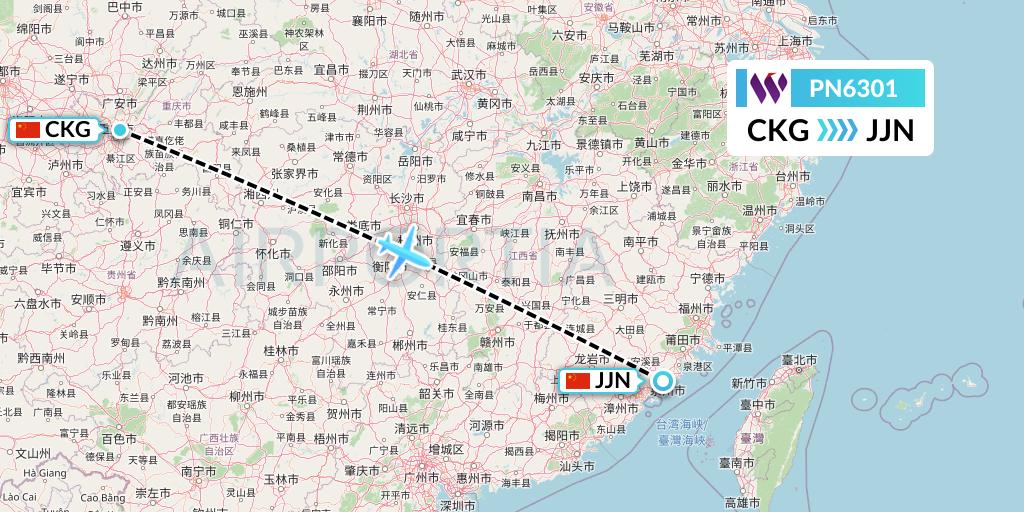PN6301 China West Air Flight Map: Chongqing to Jinjiang