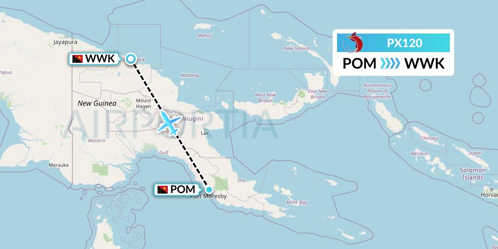 PX120 Air Niugini Flight Map: Port Moresby to Wewak