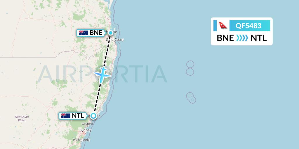 QF5483 Qantas Flight Map: Brisbane to Newcastle