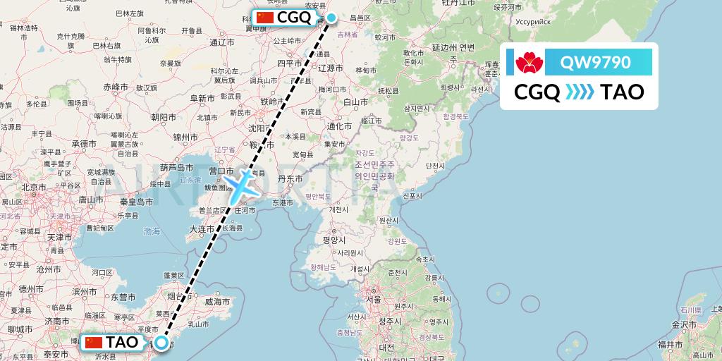 QW9790 Qingdao Airlines Flight Map: Changchun to Qingdao