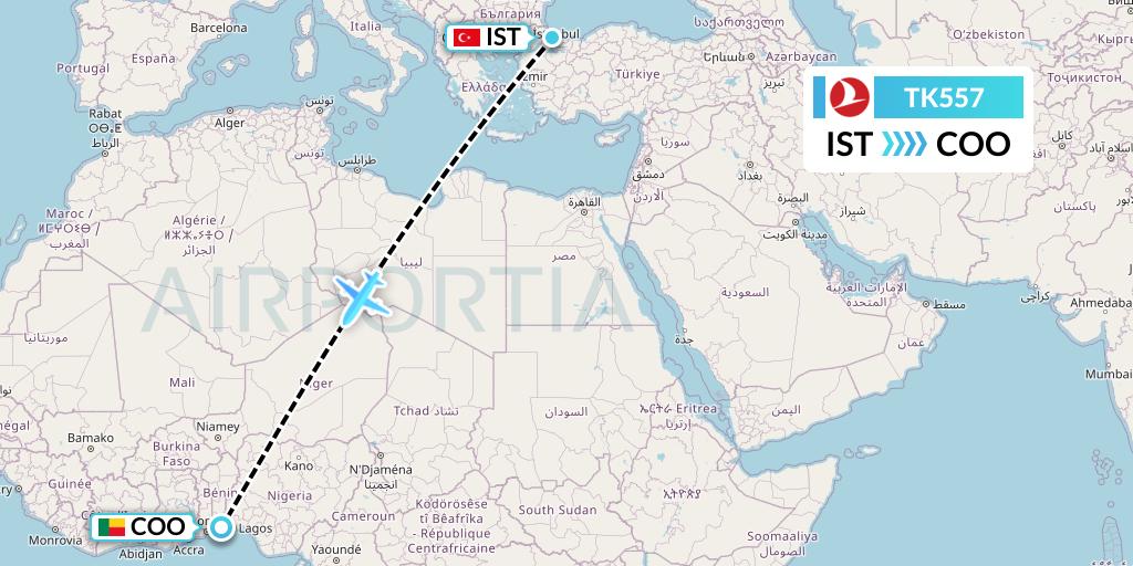 TK557 Turkish Airlines Flight Map: Istanbul to Cotonou