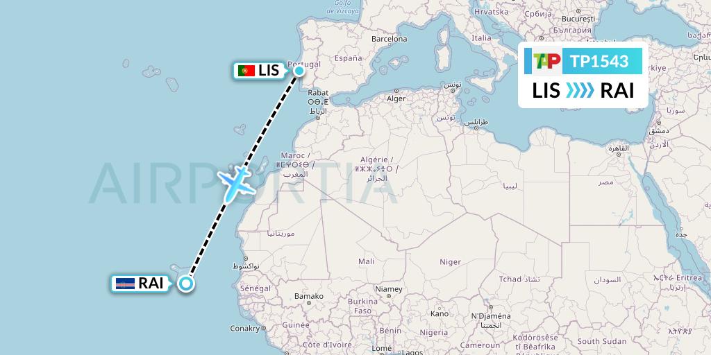 TP1543 TAP Portugal Flight Map: Lisbon to Praia