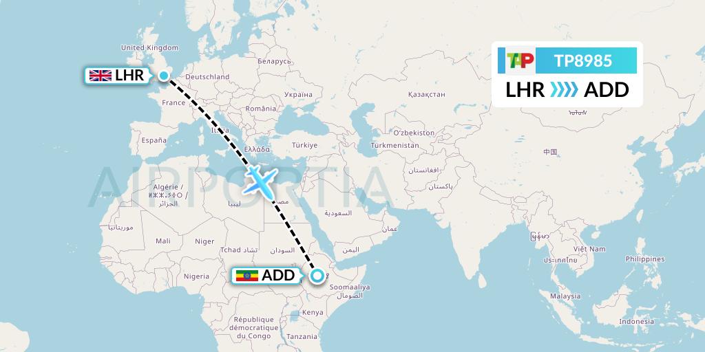 TP8985 TAP Portugal Flight Map: London to Addis Ababa