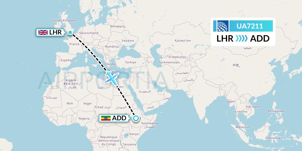 UA7211 United Airlines Flight Map: London to Addis Ababa