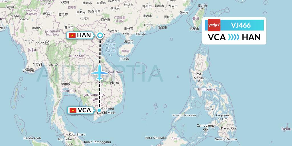 VJ466 VietJet Air Flight Map: Can Tho to Hanoi