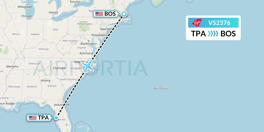 VS2376 Virgin Atlantic Airways Flight Map: Tampa to Boston