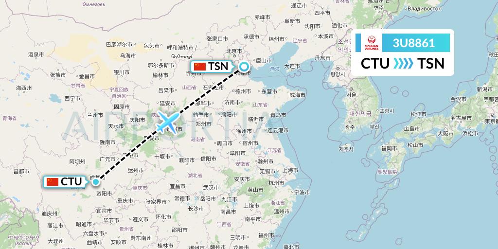 3U8861 Sichuan Airlines Flight Map: Chengdu to Tianjin