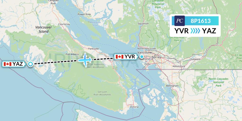 8P1613 Pacific Coastal Airlines Flight Map: Vancouver to Tofino