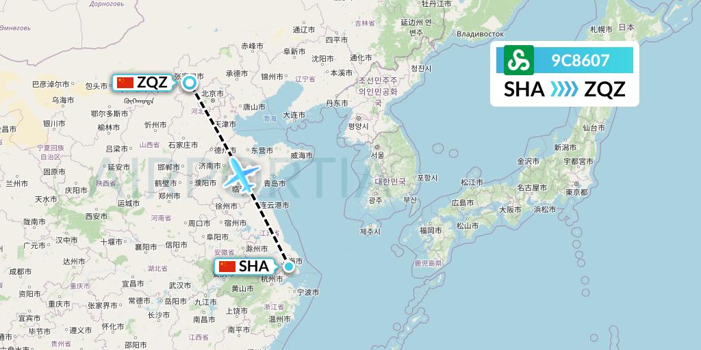 9C8607 Spring Airlines Flight Map: Shanghai to Zhangjiakou