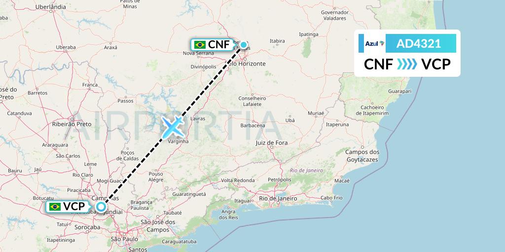 AD4321 Azul Brazilian Airlines Flight Map: Belo Horizonte to Campinas