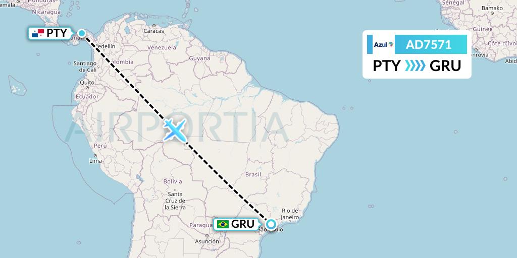 AD7571 Azul Brazilian Airlines Flight Map: Panama City to Sao Paulo