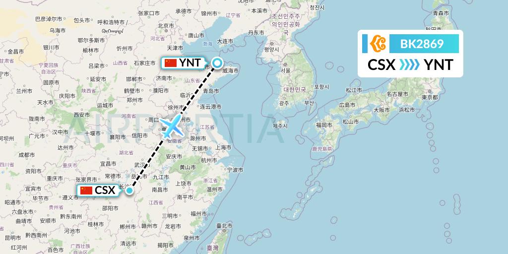 BK2869 Okay Airways Flight Map: Changsha to Yantai