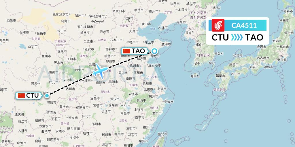 CA4511 Air China Flight Map: Chengdu to Qingdao