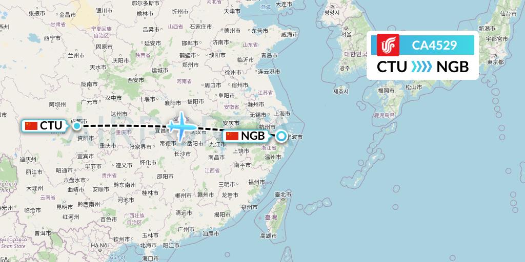 CA4529 Air China Flight Map: Chengdu to Ningbo