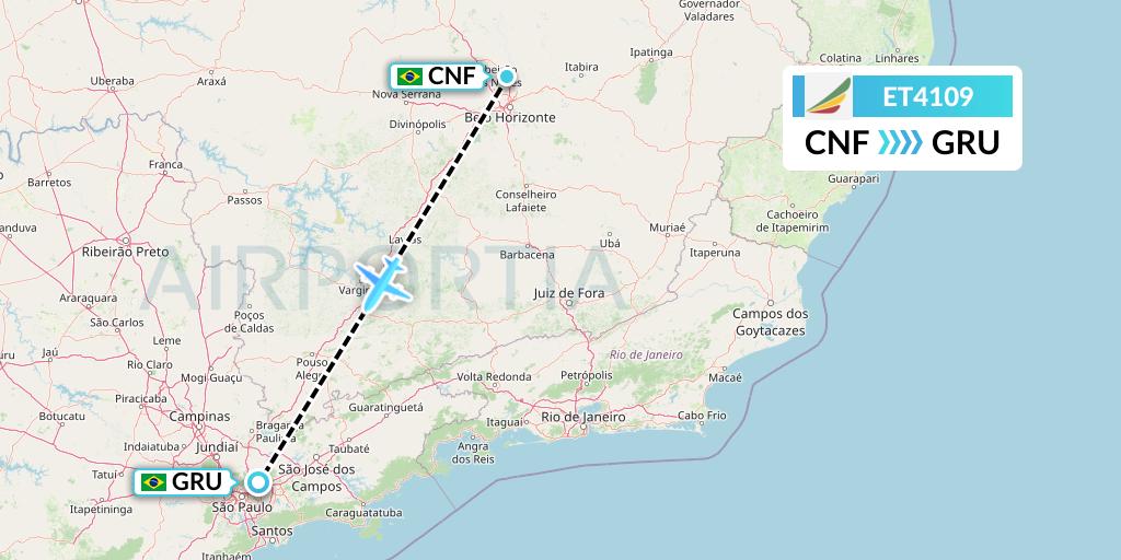 ET4109 Ethiopian Airlines Flight Map: Belo Horizonte to Sao Paulo