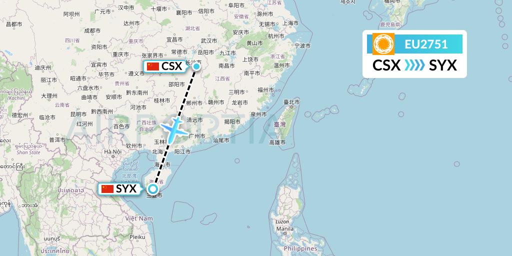 EU2751 Chengdu Airlines Flight Map: Changsha to Sanya