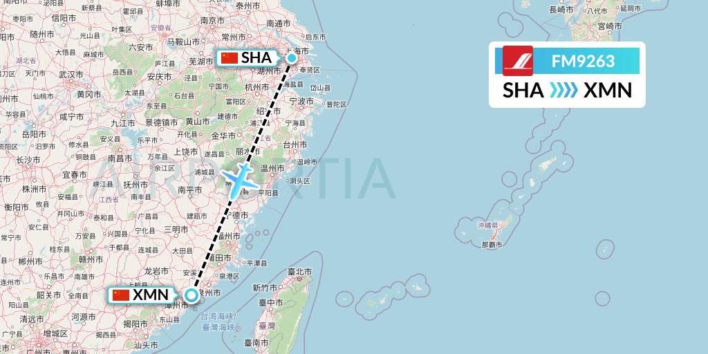 FM9263 Shanghai Airlines Flight Map: Shanghai to Xiamen