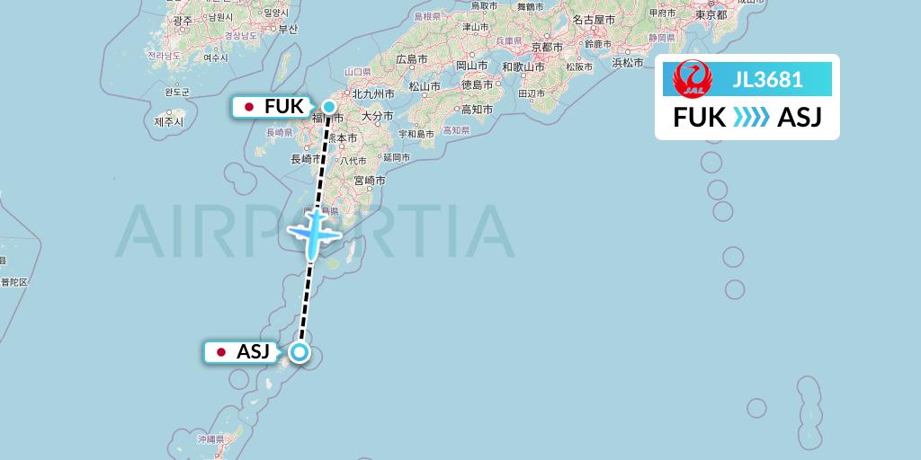 JL3681 Japan Airlines Flight Map: Fukuoka to Amami