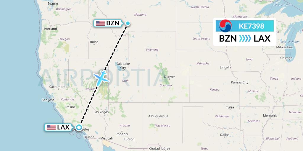 KE7398 Korean Air Flight Map: Bozeman to Los Angeles