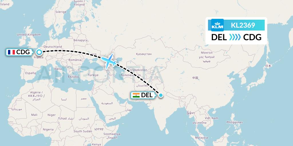 KL2369 KLM Flight Map: Delhi to Paris