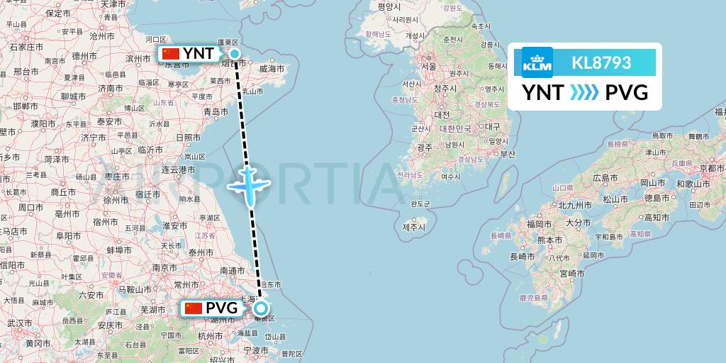 KL8793 KLM Flight Map: Yantai to Shanghai