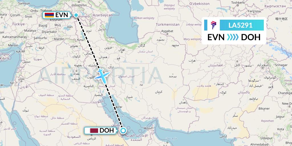 LA5291 LAN Airlines Flight Map: Yerevan to Doha