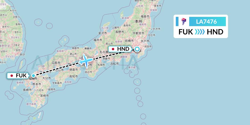 LA7476 LAN Airlines Flight Map: Fukuoka to Tokyo