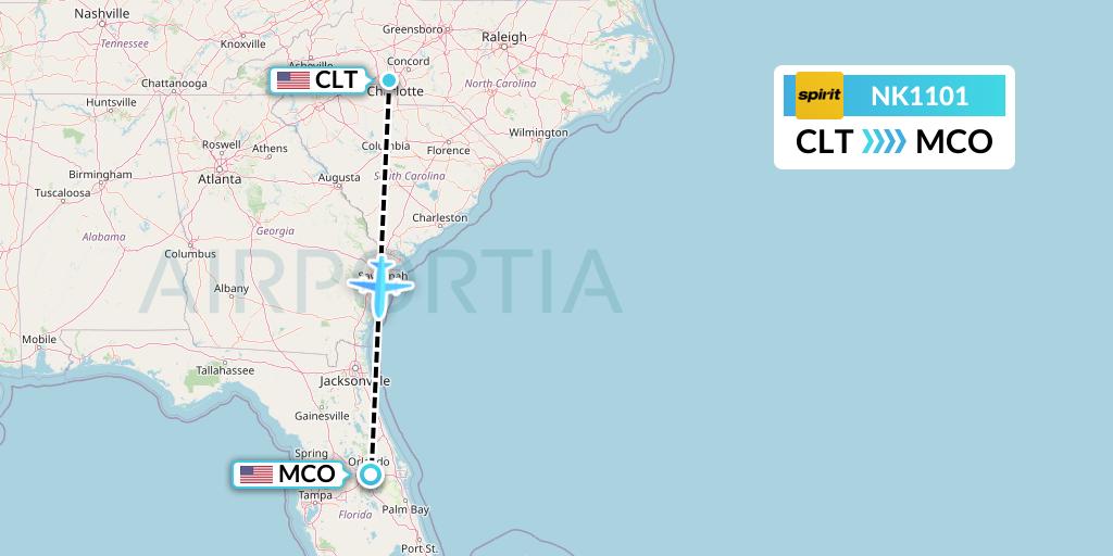 NK1101 Spirit Airlines Flight Map: Charlotte to Orlando