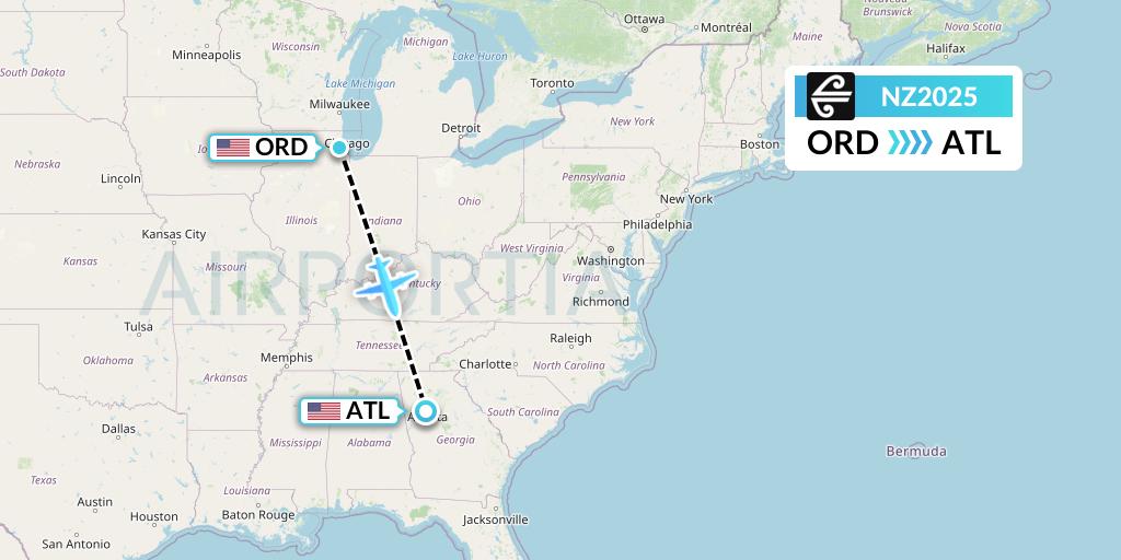NZ2025 Air New Zealand Flight Map: Chicago to Atlanta