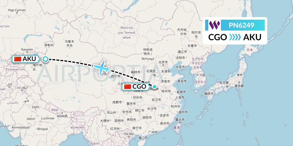 PN6249 China West Air Flight Map: Zhengzhou to Aksu