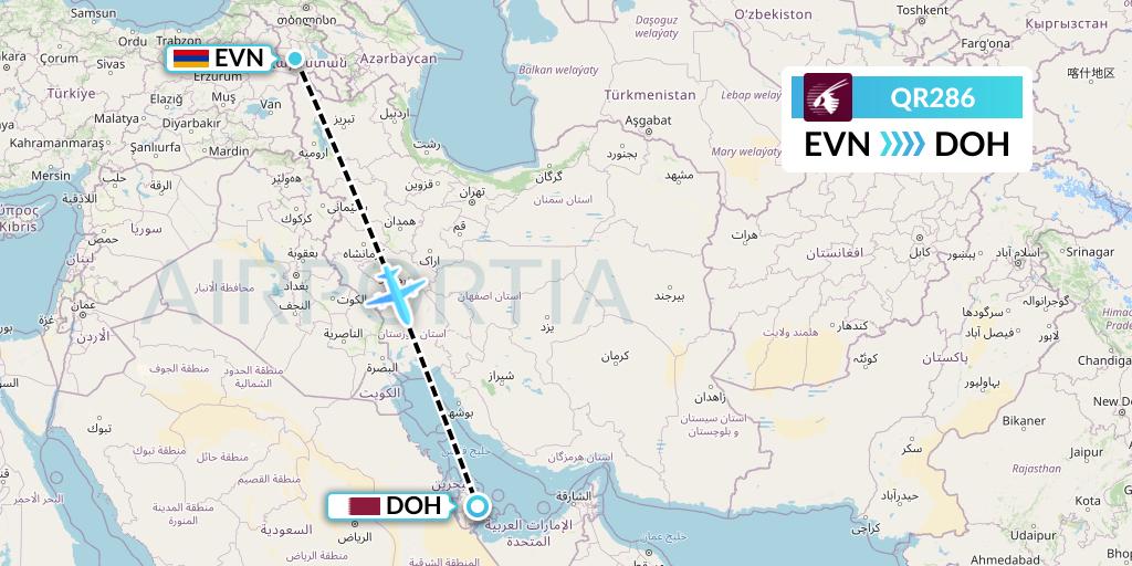 QR286 Qatar Airways Flight Map: Yerevan to Doha
