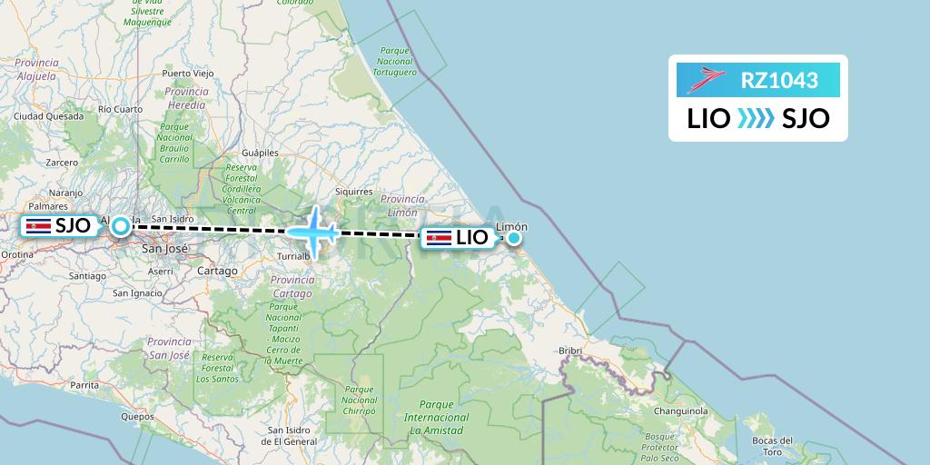 RZ1043 Sansa Airlines Flight Map: Puerto Limon to San Jose