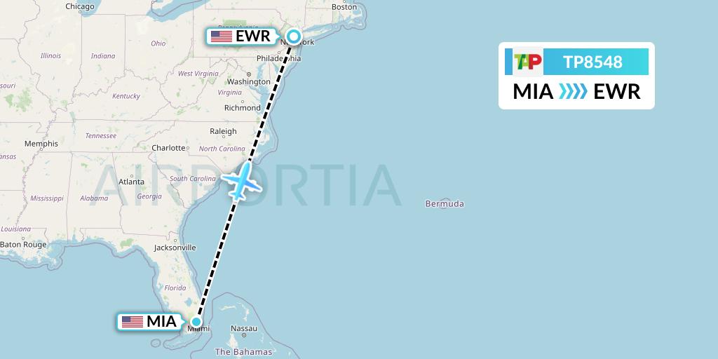 TP8548 TAP Portugal Flight Map: Miami to New York