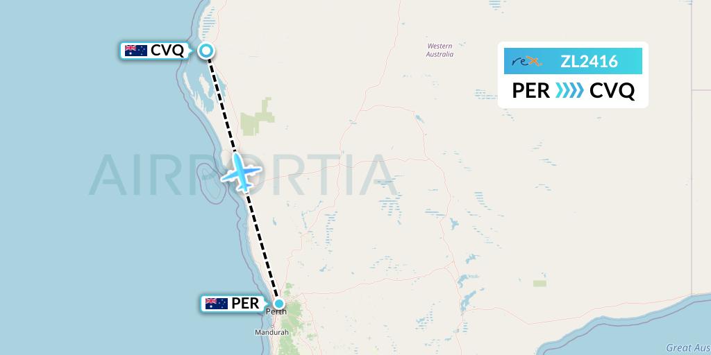 ZL2416 Regional Express Flight Map: Perth to Carnarvon