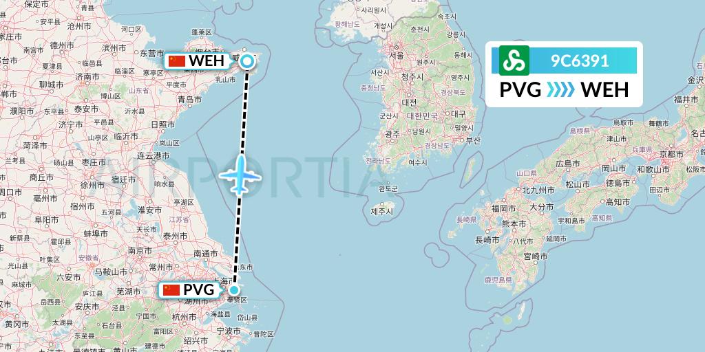 9C6391 Spring Airlines Flight Map: Shanghai to Weihai