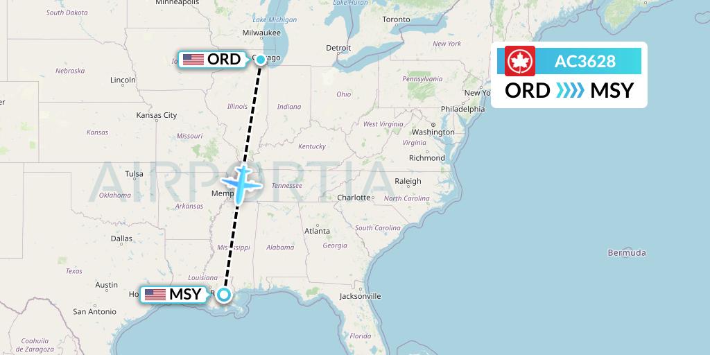 AC3628 Air Canada Flight Map: Chicago to New Orleans