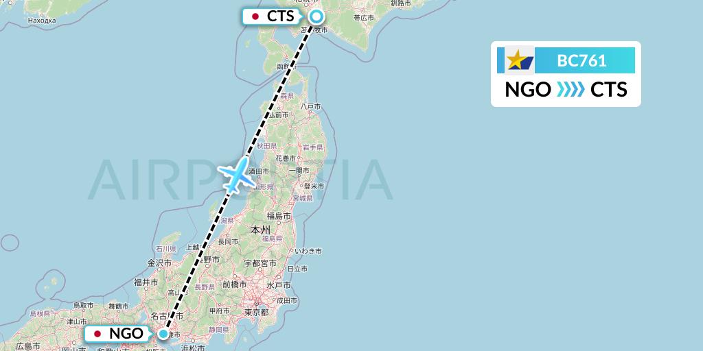 BC761 Skymark Airlines Flight Map: Nagoya to Sapporo