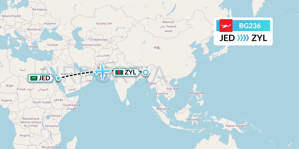 BG236 Biman Bangladesh Airlines Flight Map: Jeddah to Sylhet